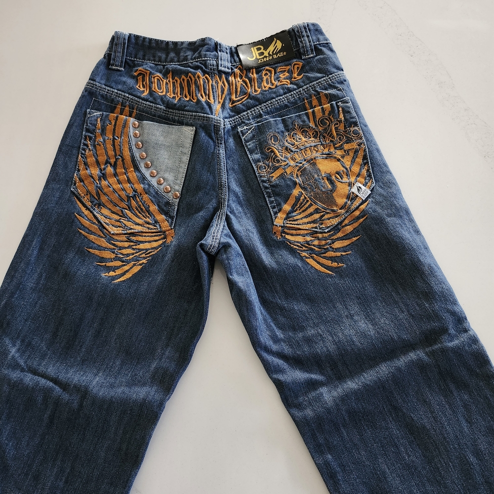 Vintage Y2K Johnny Blaze Baggy Wide Leg Cargo Blue Denim Jeans Sz 30
